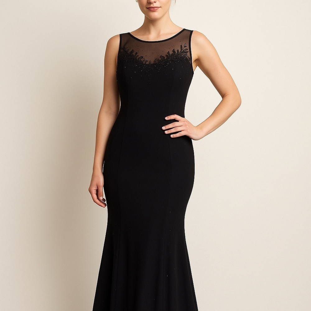 Cache Black Beaded Sheer Neckline Evening Gown Dress Size 12. Preown